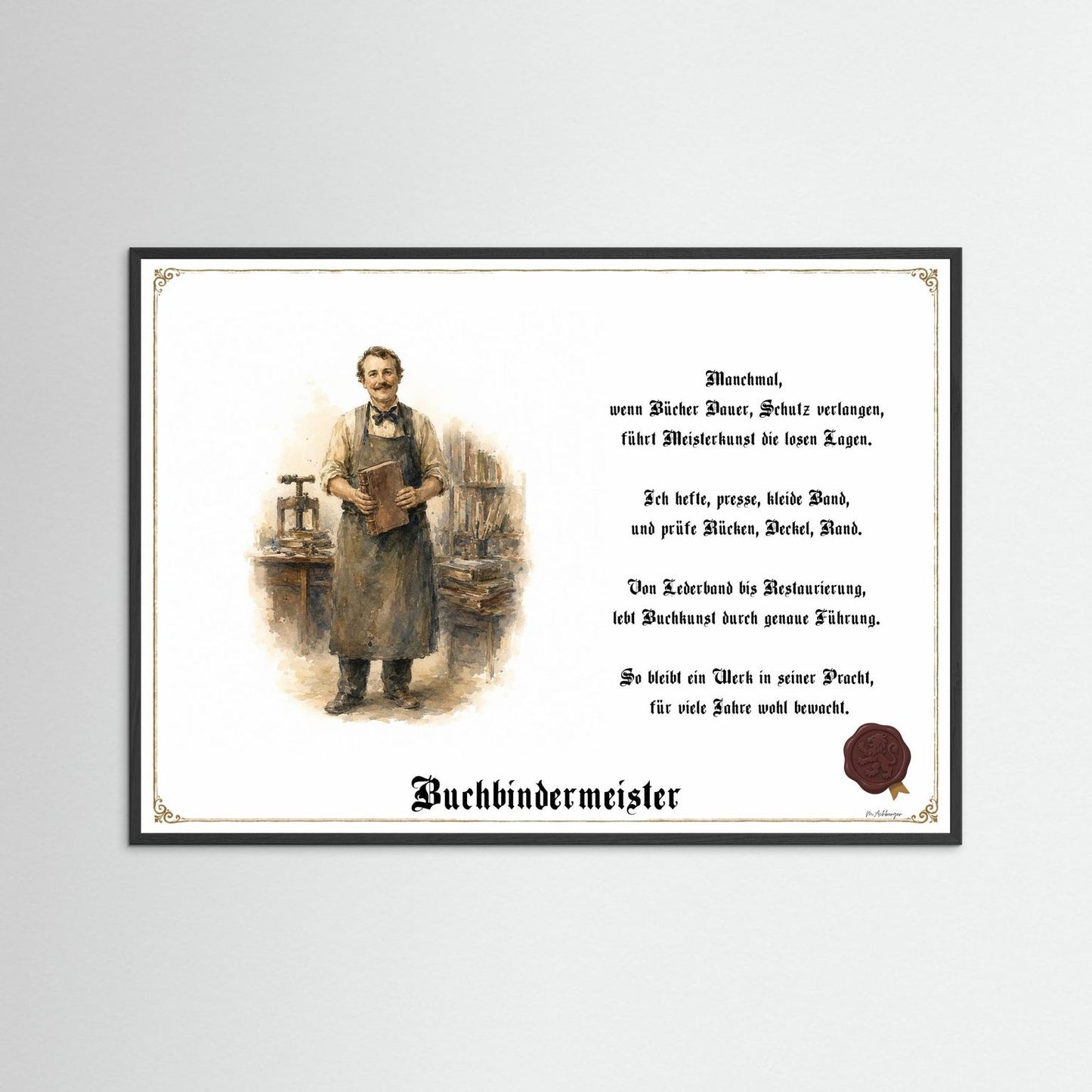 Zunftbild Buchbindermeister mit schwarzem Holzrahmen