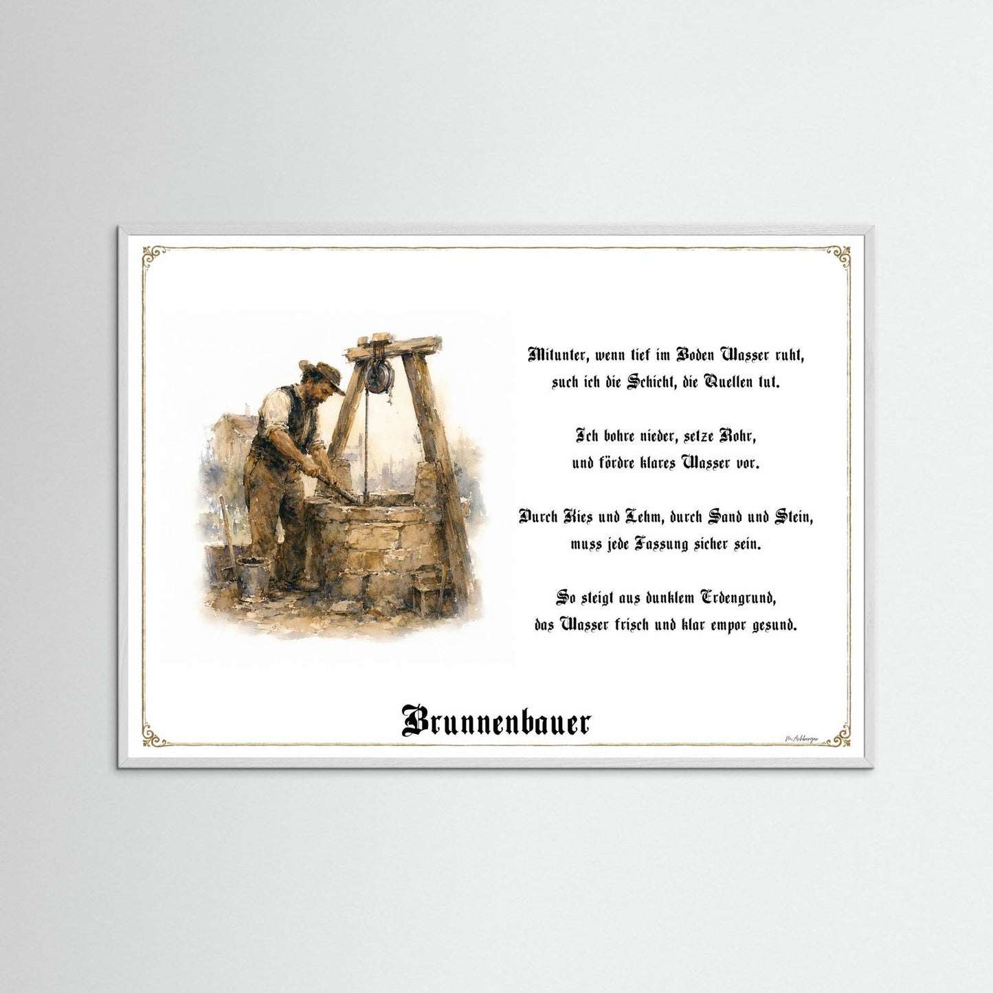 Zunftbild Brunnenbauer mit weißem Holzrahmen