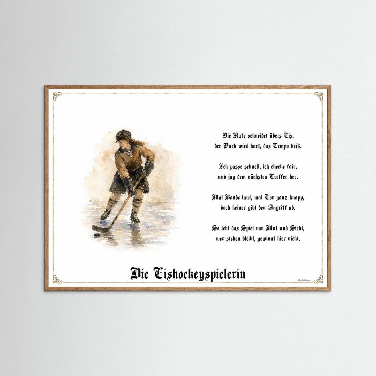 Sportbild Eishockeyspielerin mit naturfarbenem Eichenrahmen