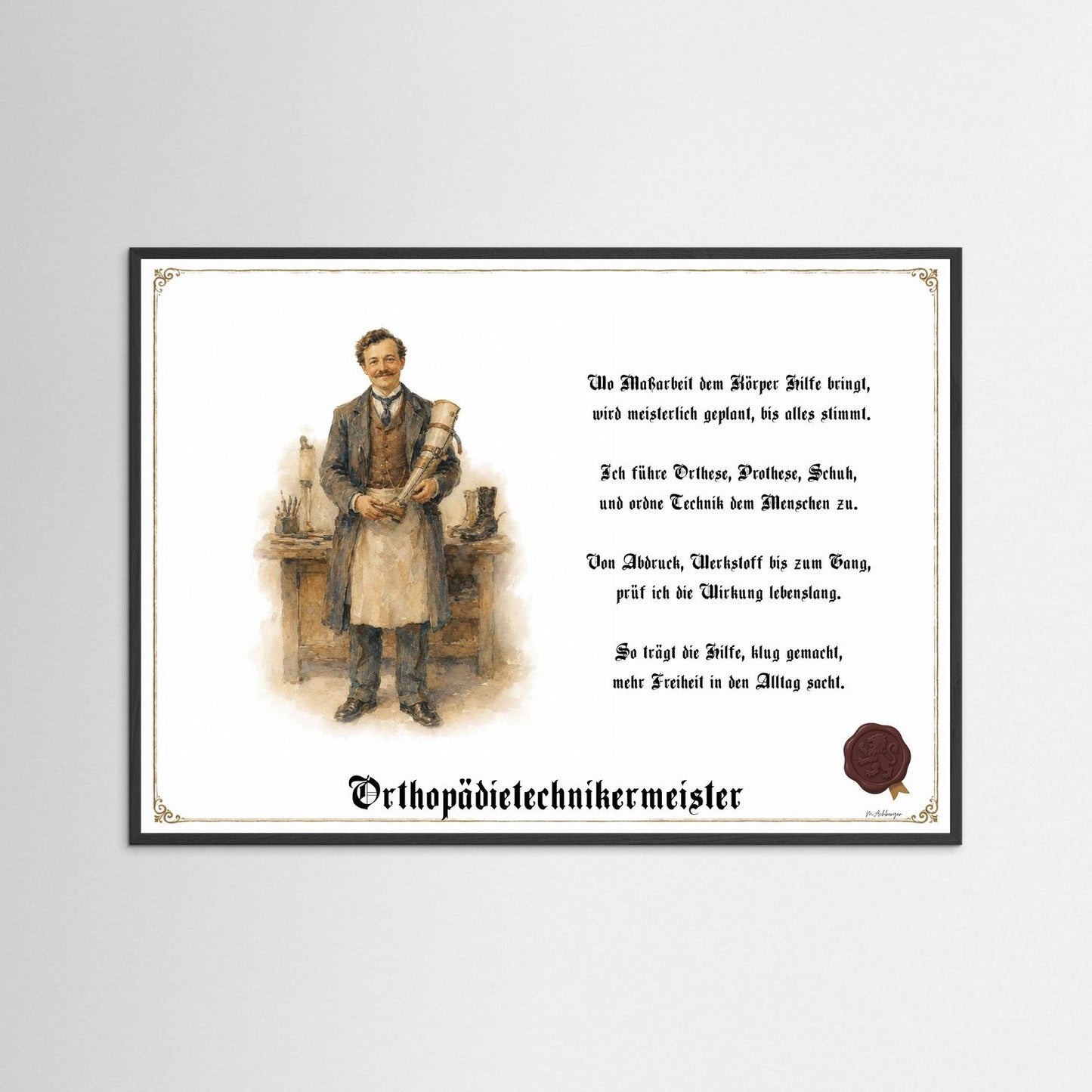 Zunftbild Orthopädietechnikermeister mit schwarzem Holzrahmen