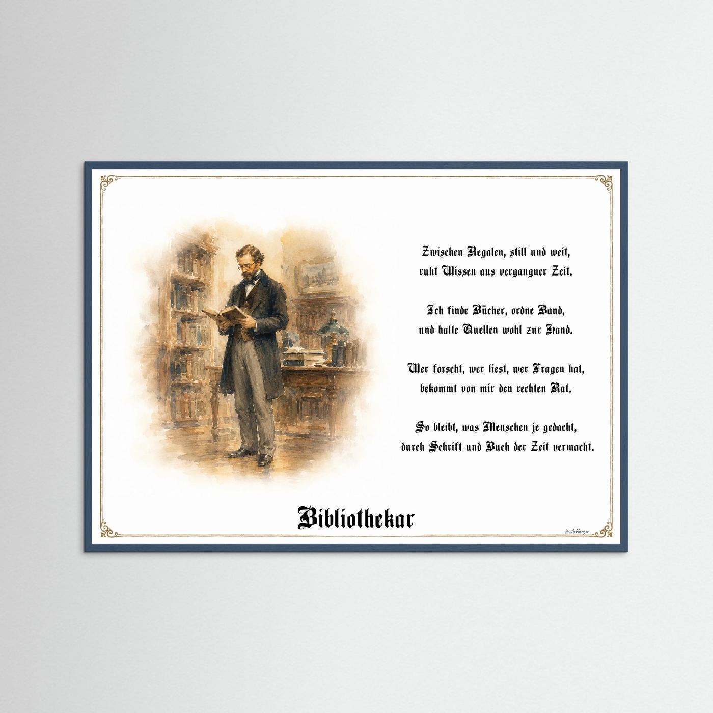 Zunftbild Bibliothekar mit petrolfarbenem Holzrahmen