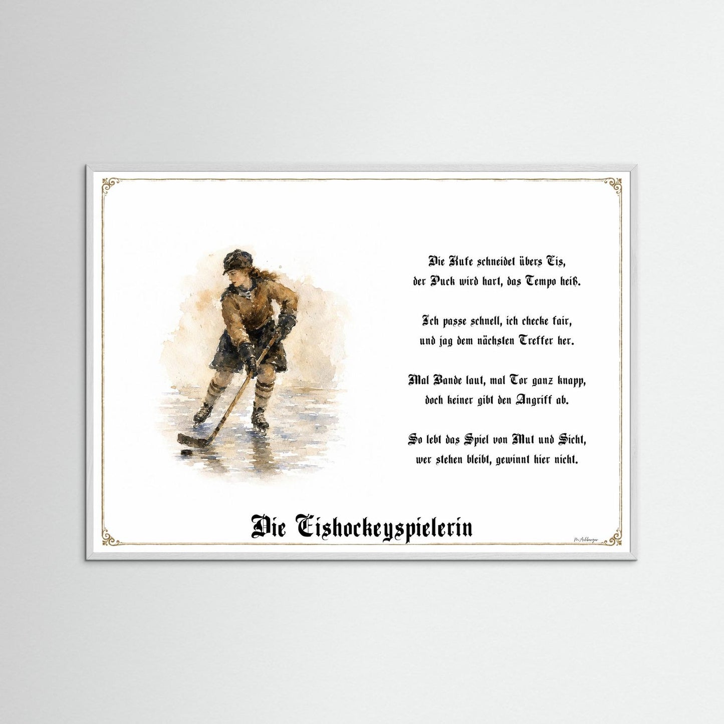 Sportbild Eishockeyspielerin mit weißem Holzrahmen