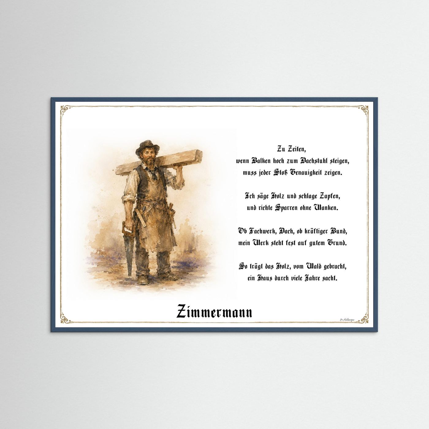 Zunftbild Zimmermann mit petrolfarbenem Holzrahmen