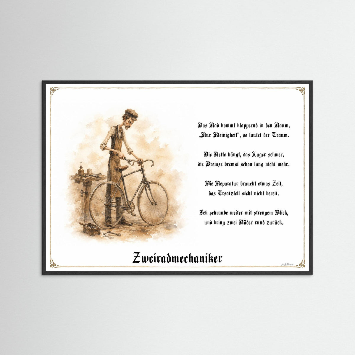 Zunftbild Der Zweiradmechaniker-Griesgram – Beispielansicht des Kunstdrucks