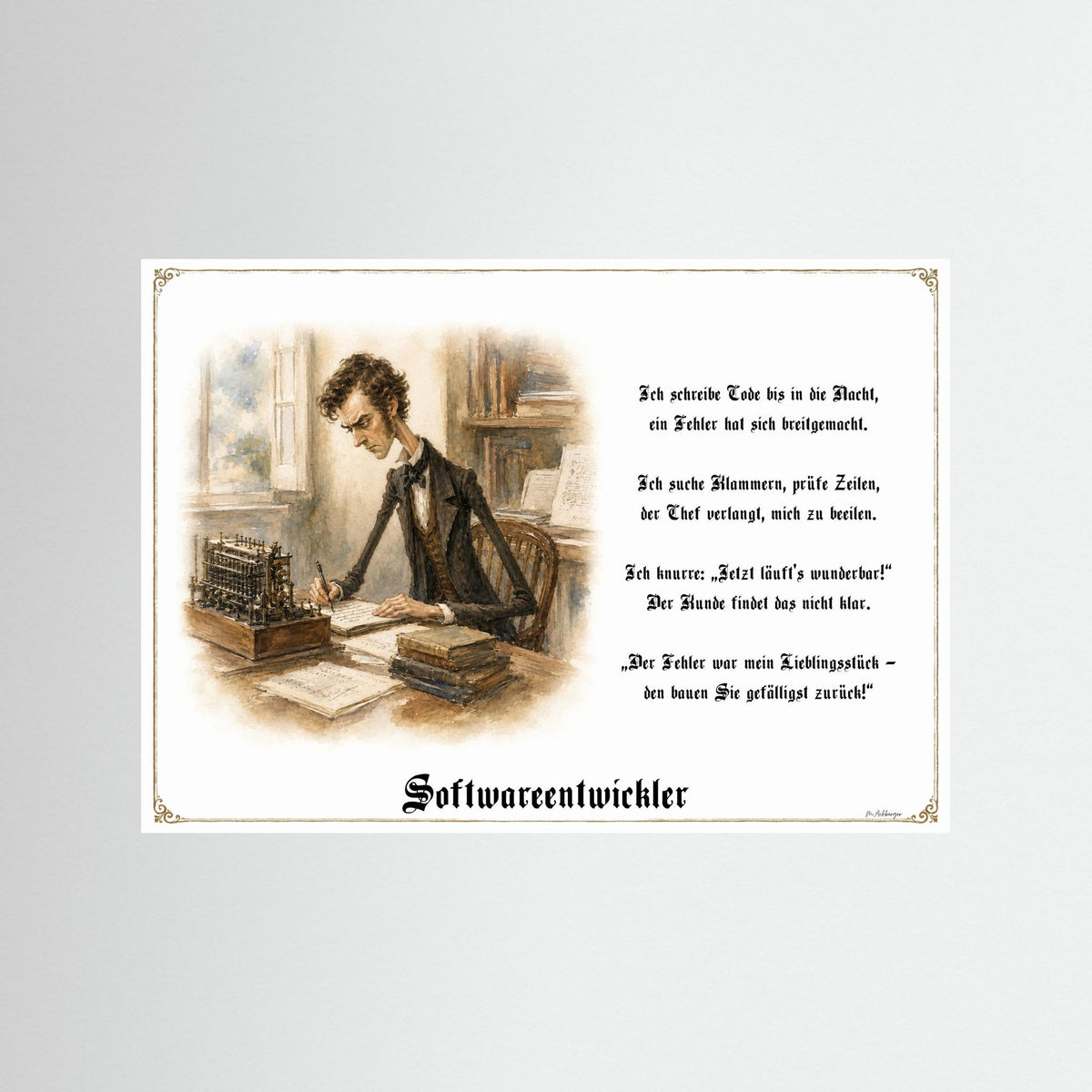 Zunftbild Der Softwareentwickler-Griesgram – Beispielansicht des Kunstdrucks