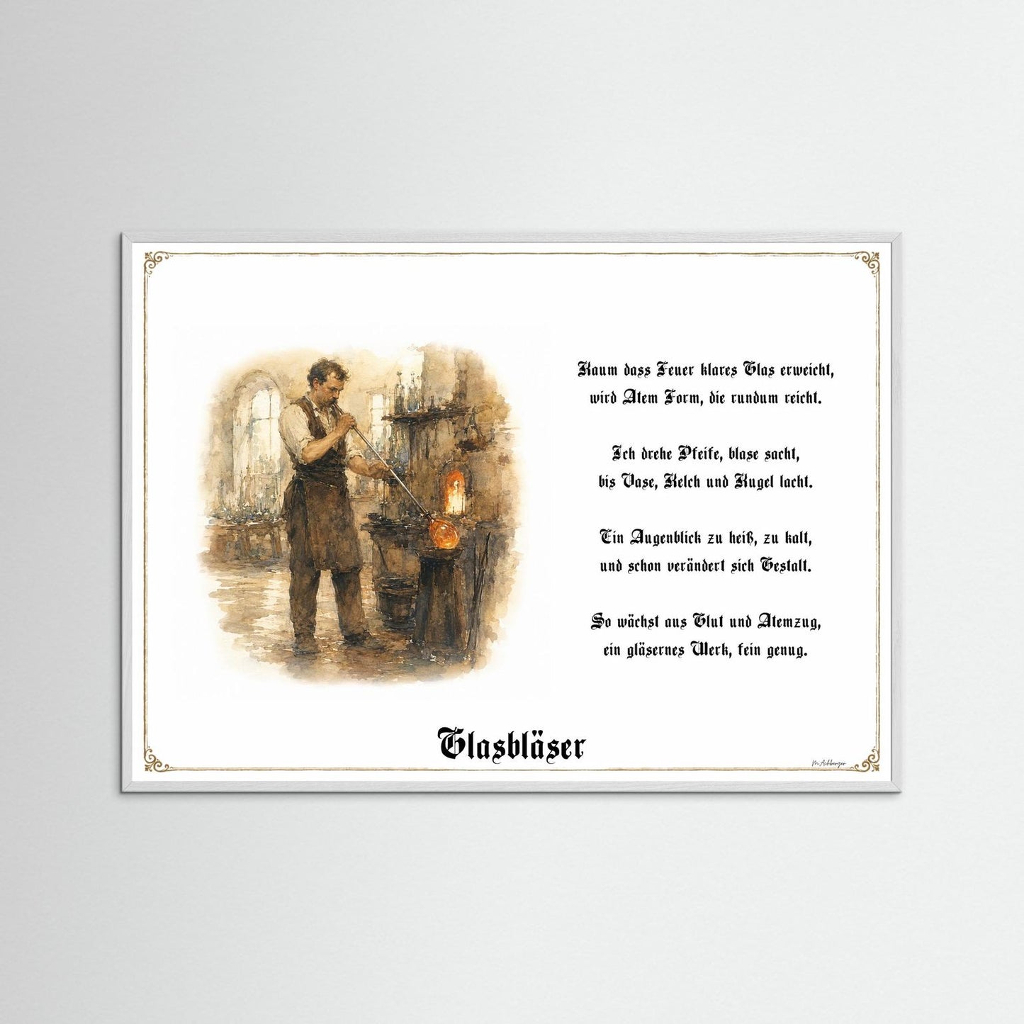 Zunftbild Glasbläser mit weißem Holzrahmen