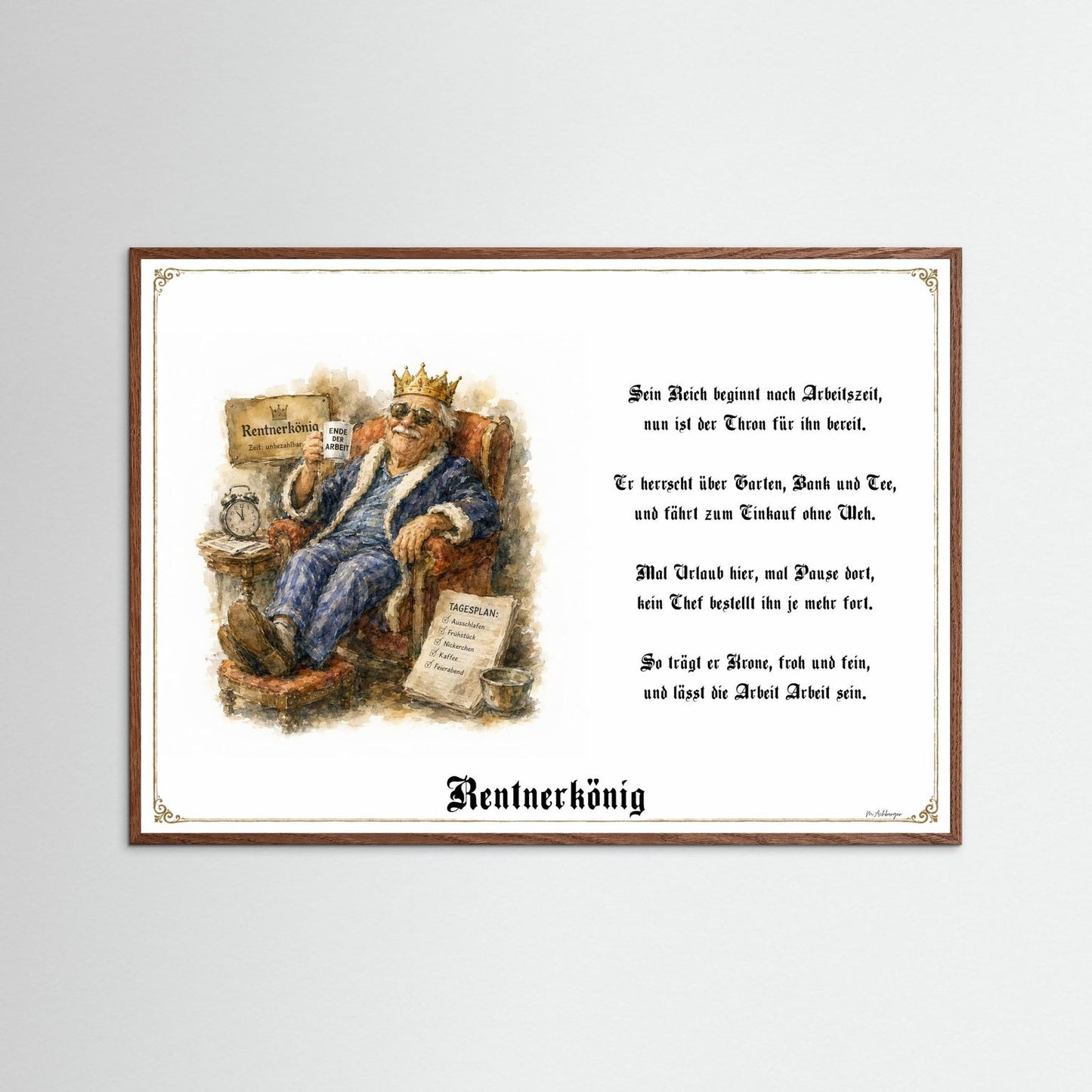 Rentnerkönig Kunstdruck mit dunklem Eichenrahmen