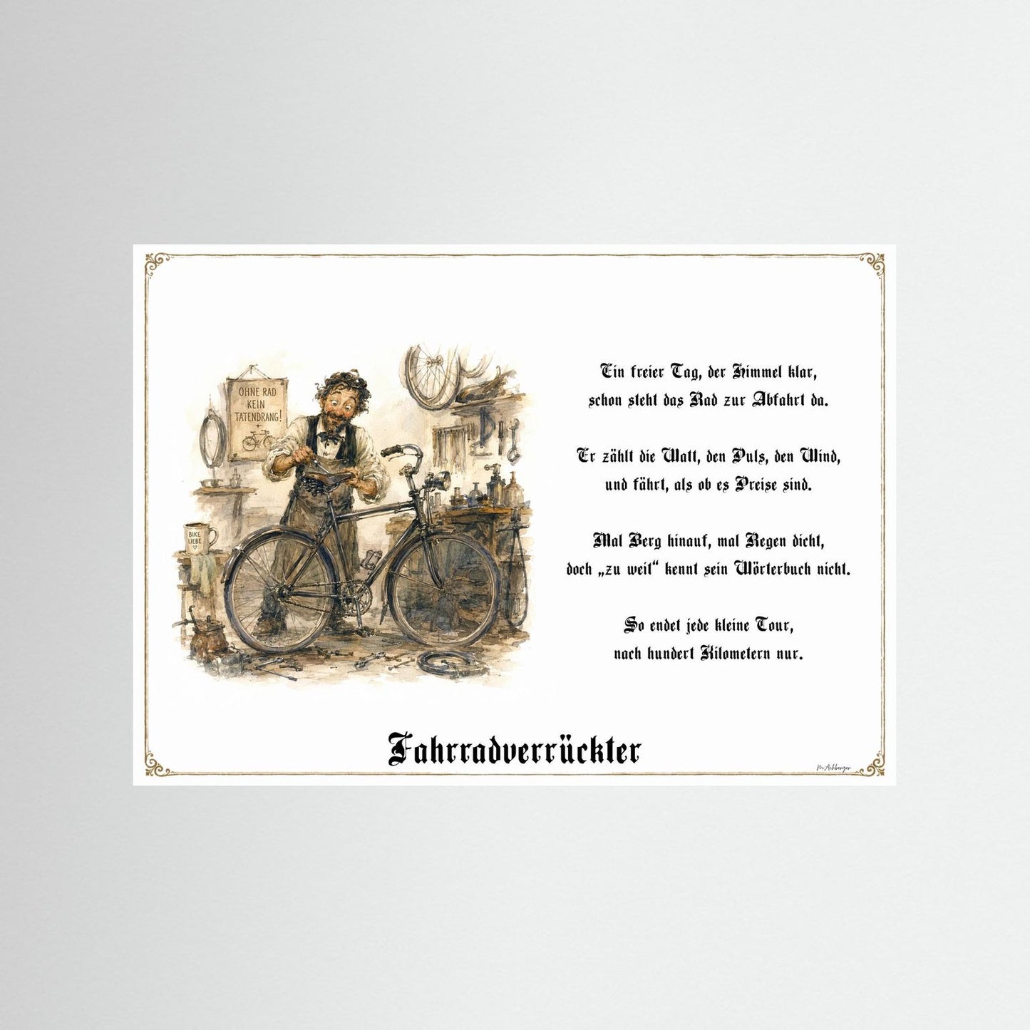 Fahrradverrückter Kunstdruck als Geschenk ohne Rahmen