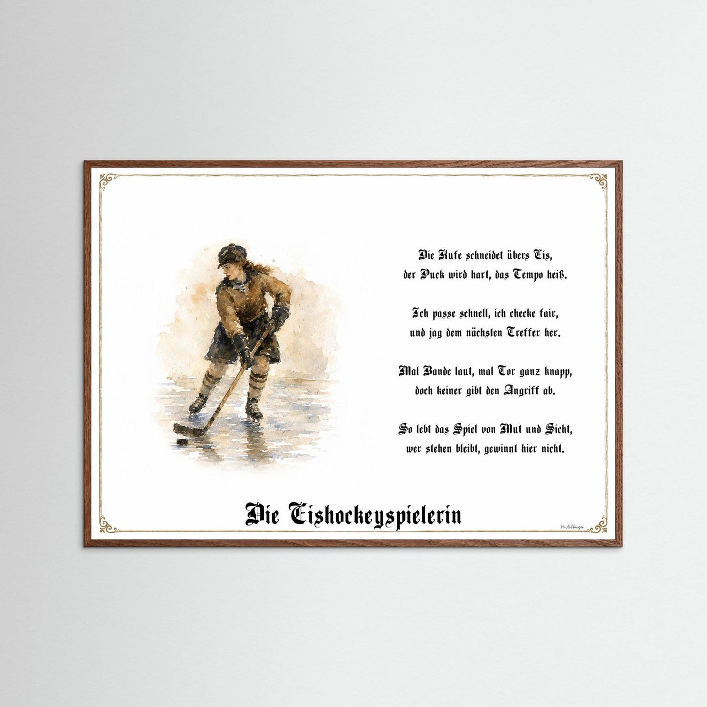 Sportbild Eishockeyspielerin mit dunklem Eichenrahmen