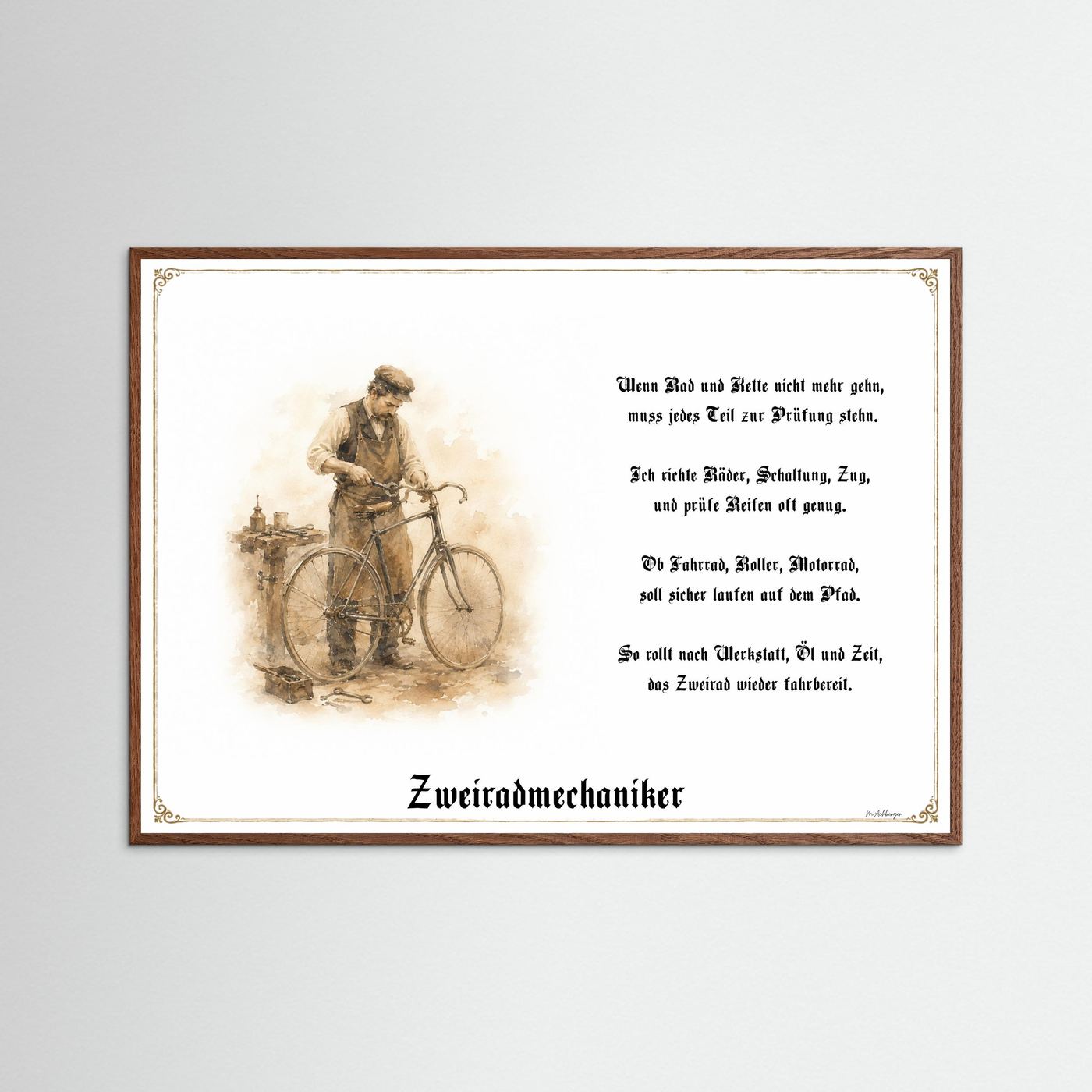 Zunftbild Zweiradmechaniker mit dunklem Eichenrahmen