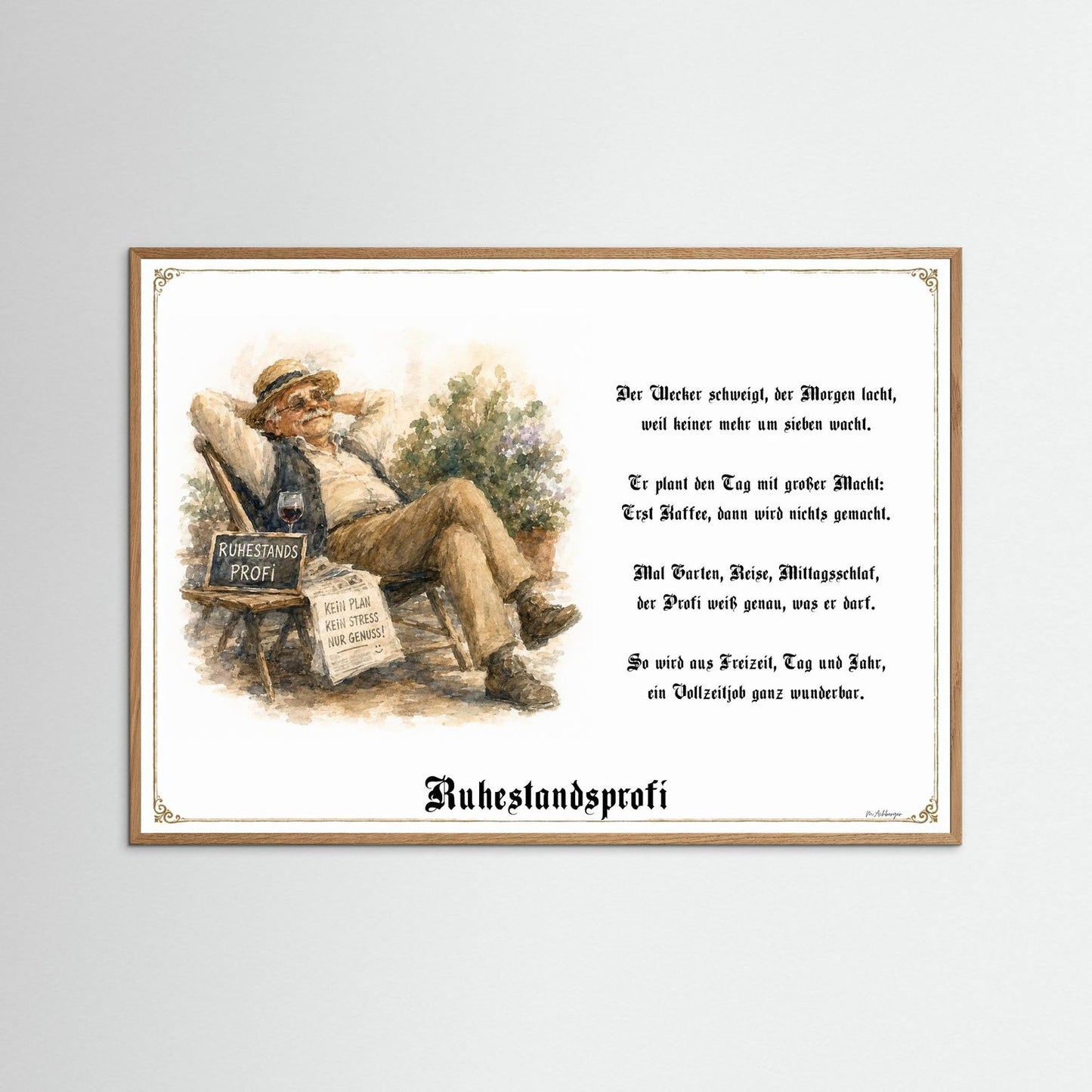 Ruhestandsprofi Kunstdruck mit naturfarbenem Eichenrahmen