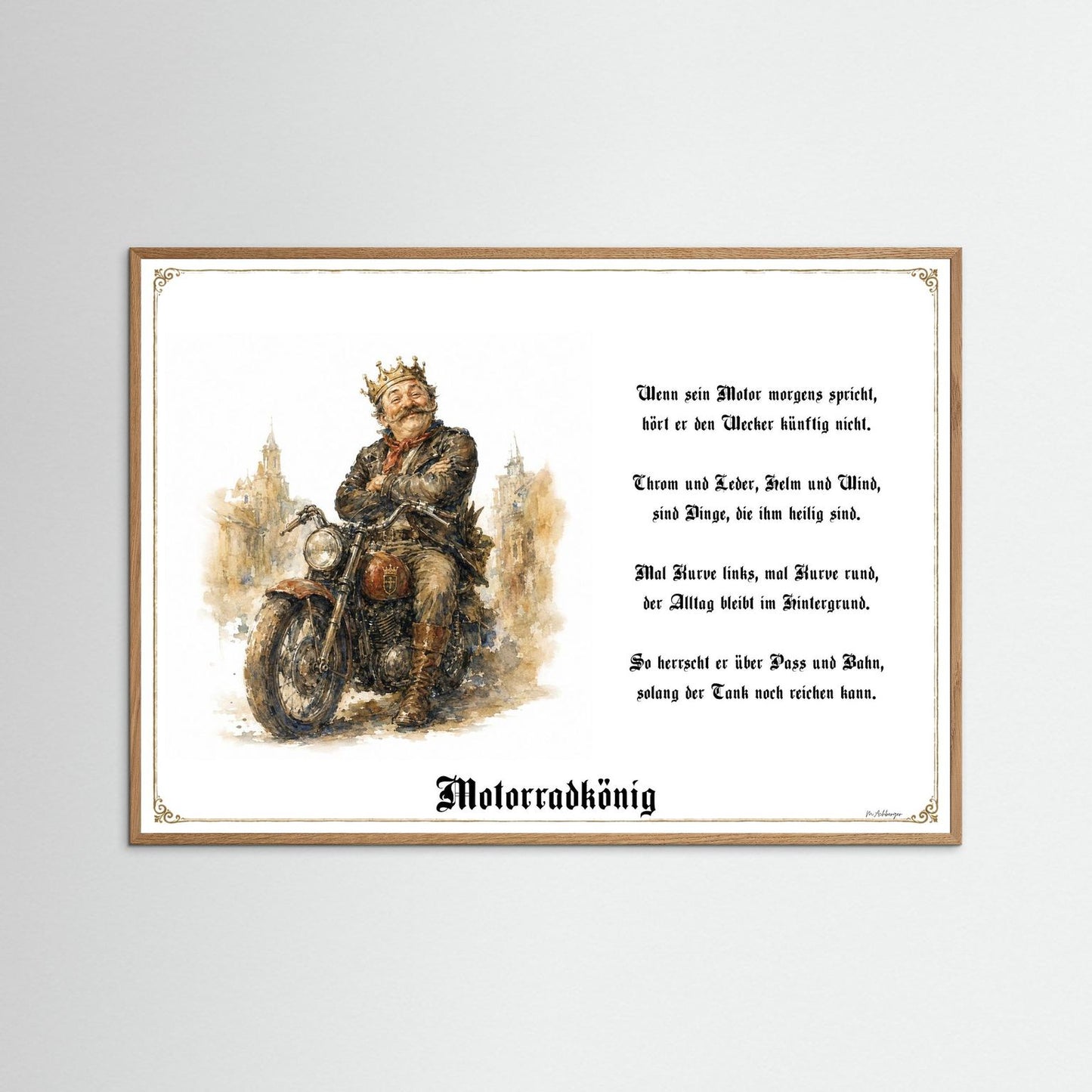 Motorradkönig Kunstdruck mit naturfarbenem Eichenrahmen