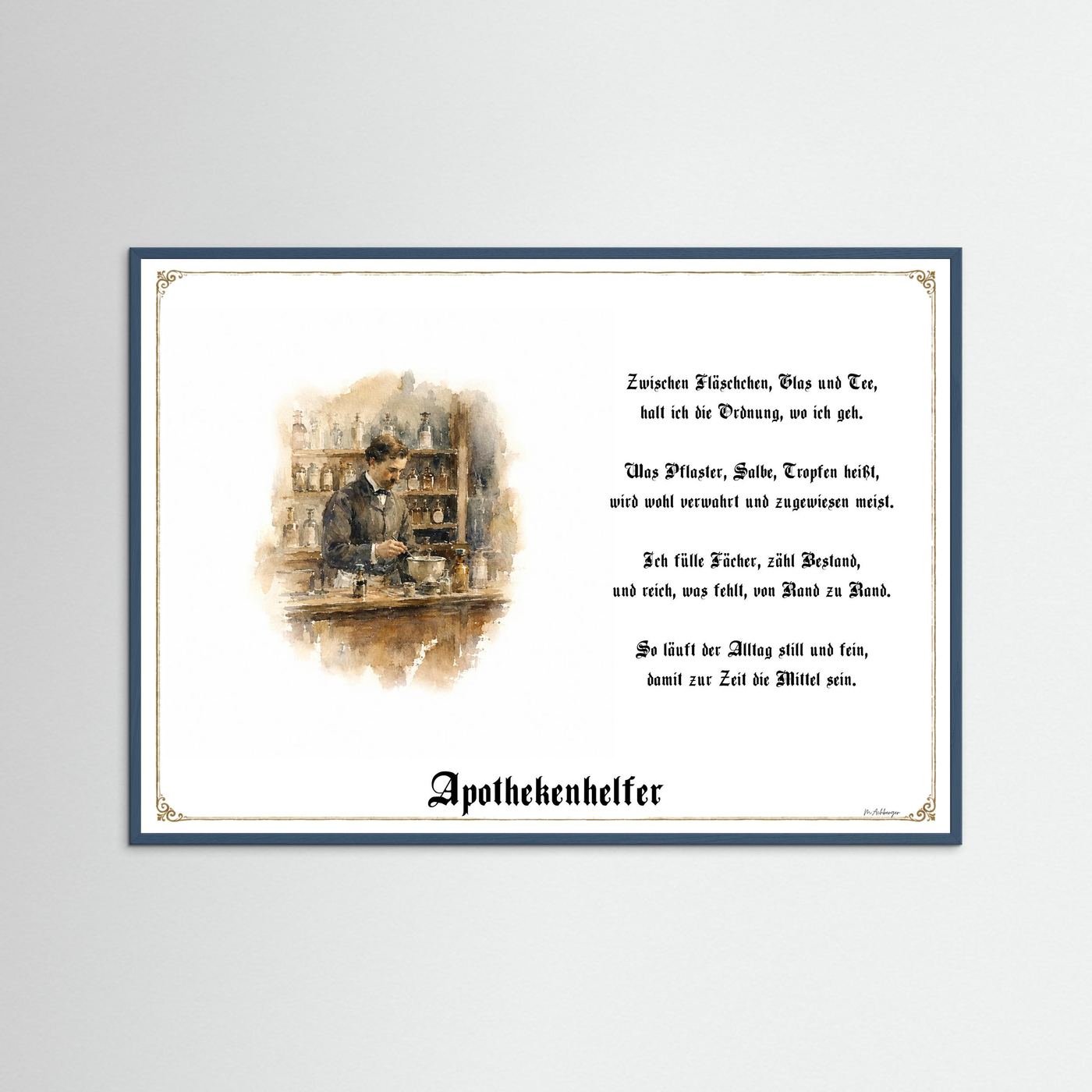 Zunftbild Apothekenhelfer mit petrolfarbenem Holzrahmen