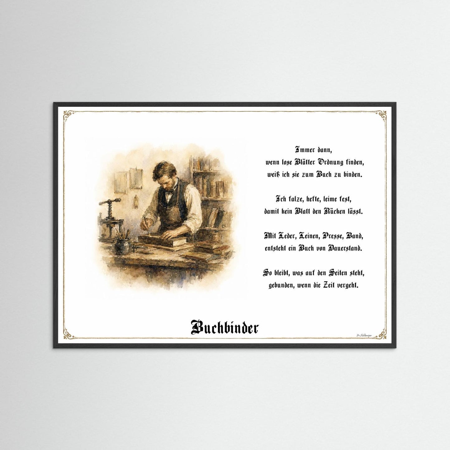 Zunftbild Buchbinder mit schwarzem Holzrahmen