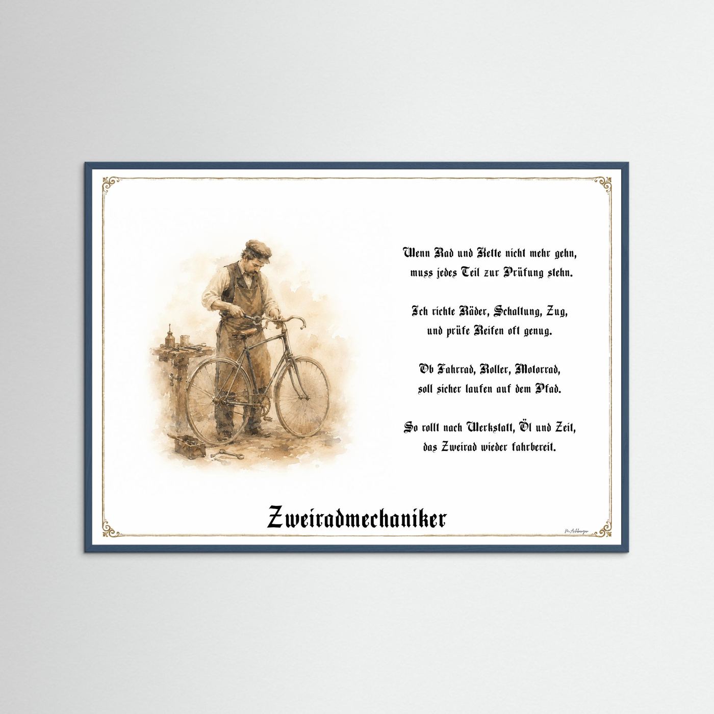 Zunftbild Zweiradmechaniker mit petrolfarbenem Holzrahmen