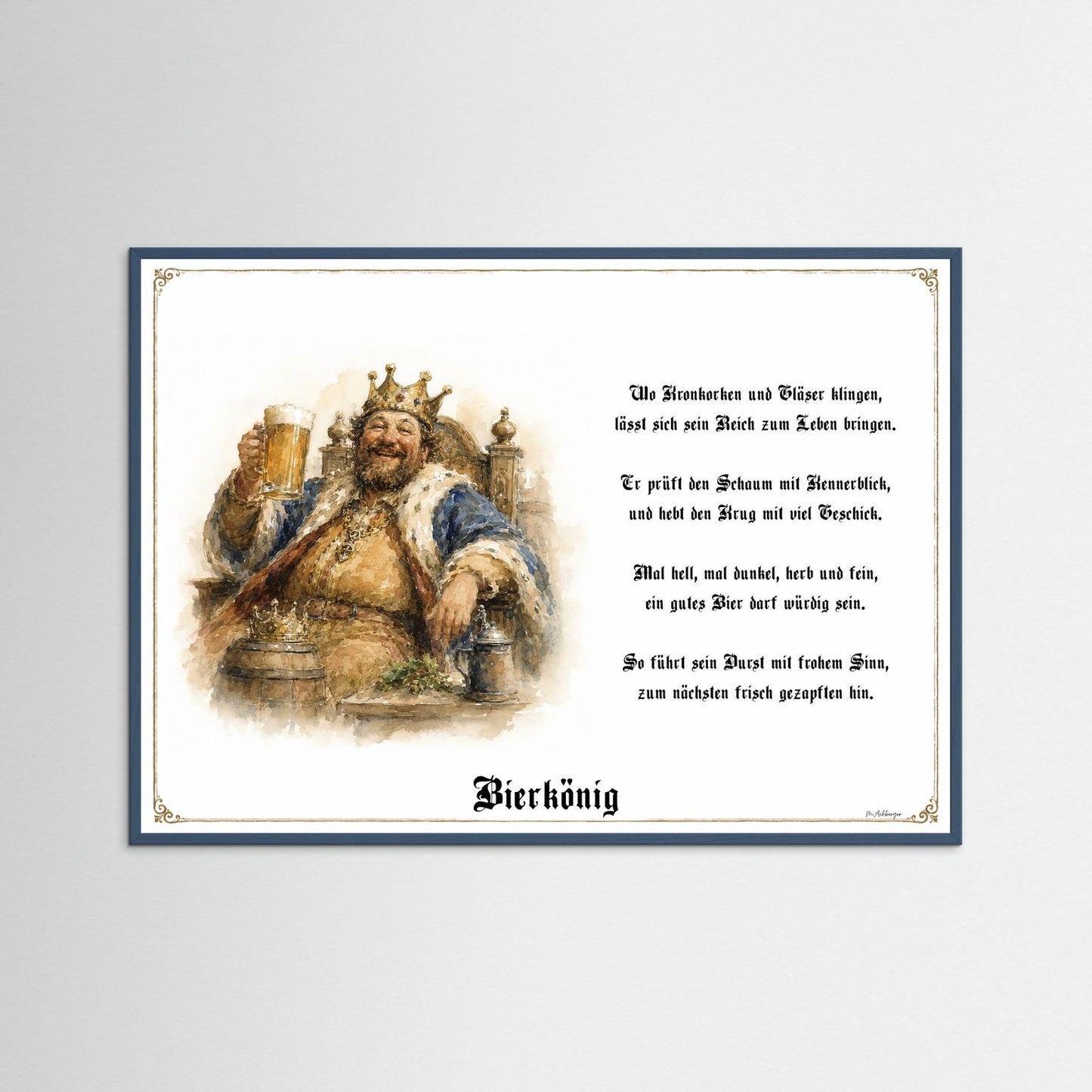 Bierkönig Kunstdruck mit petrolfarbenem Holzrahmen