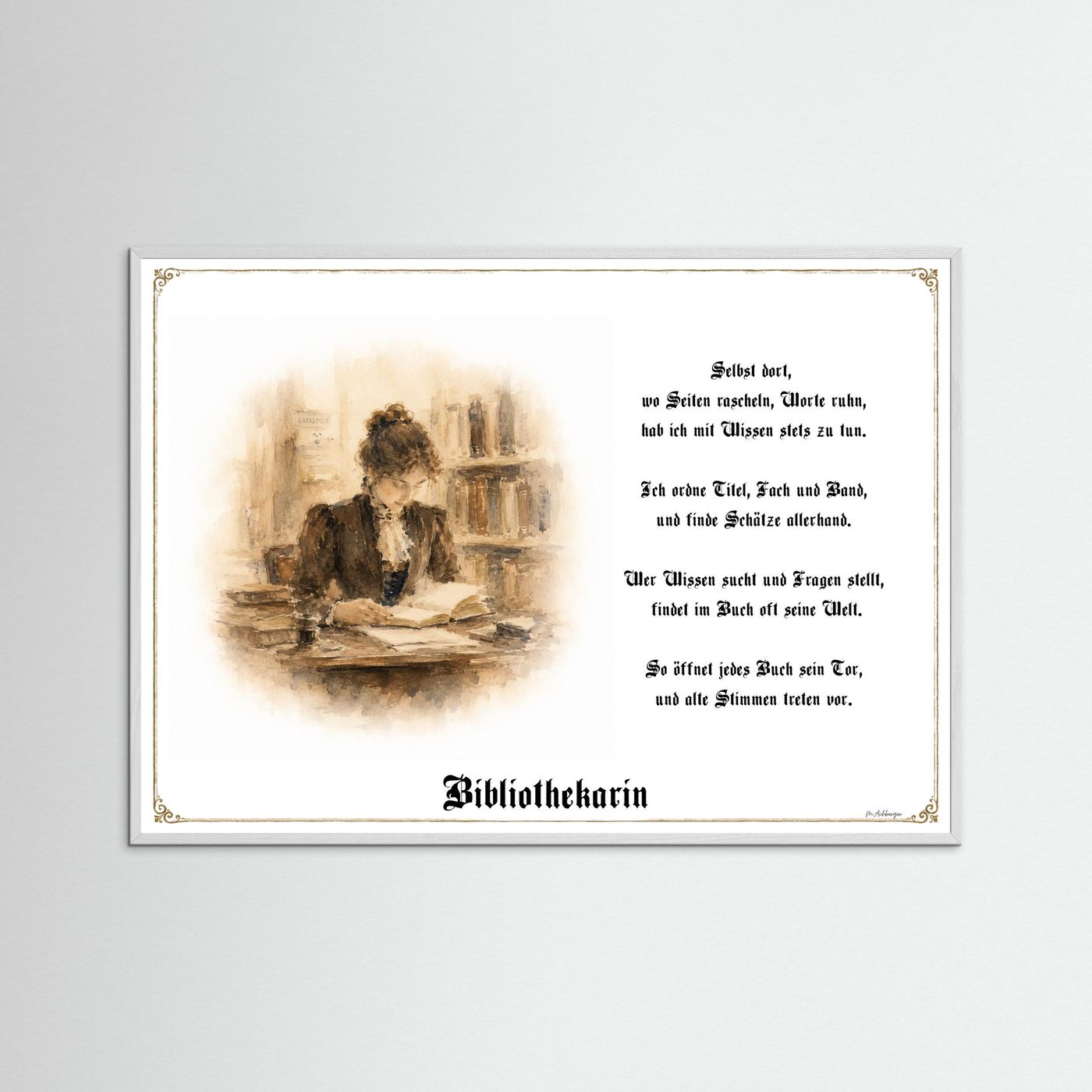 Zunftbild Bibliothekarin mit weißem Holzrahmen