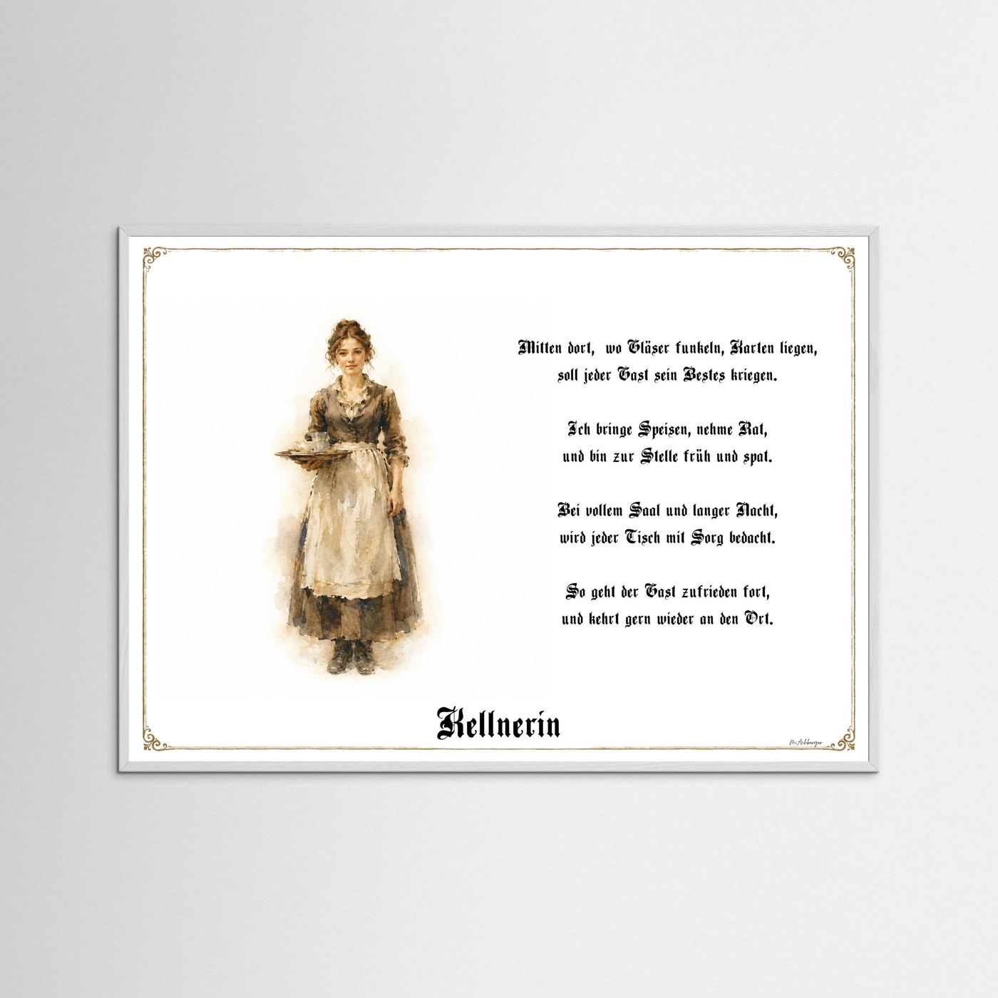 Zunftbild Kellnerin mit weißem Holzrahmen