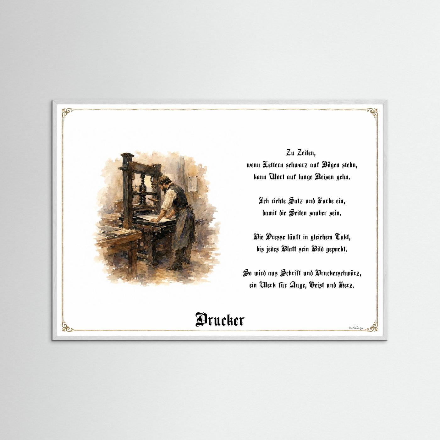 Zunftbild Drucker mit weißem Holzrahmen