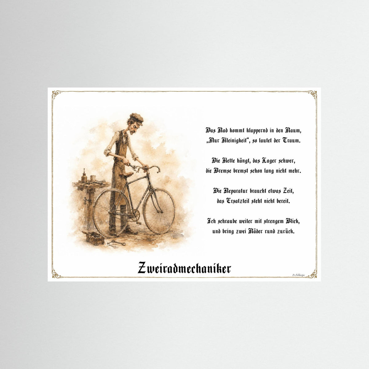 Zunftbild Der Zweiradmechaniker-Griesgram – Beispielansicht des Kunstdrucks