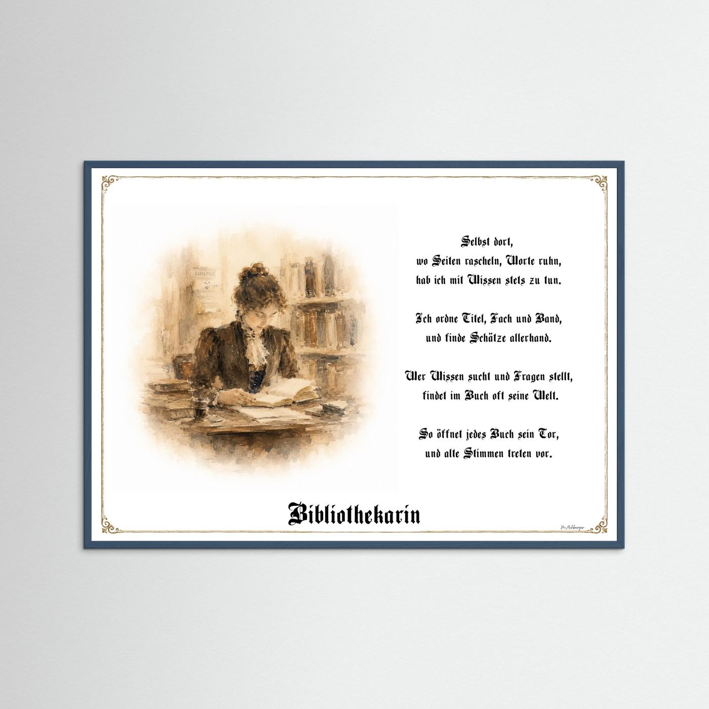 Zunftbild Bibliothekarin mit petrolfarbenem Holzrahmen