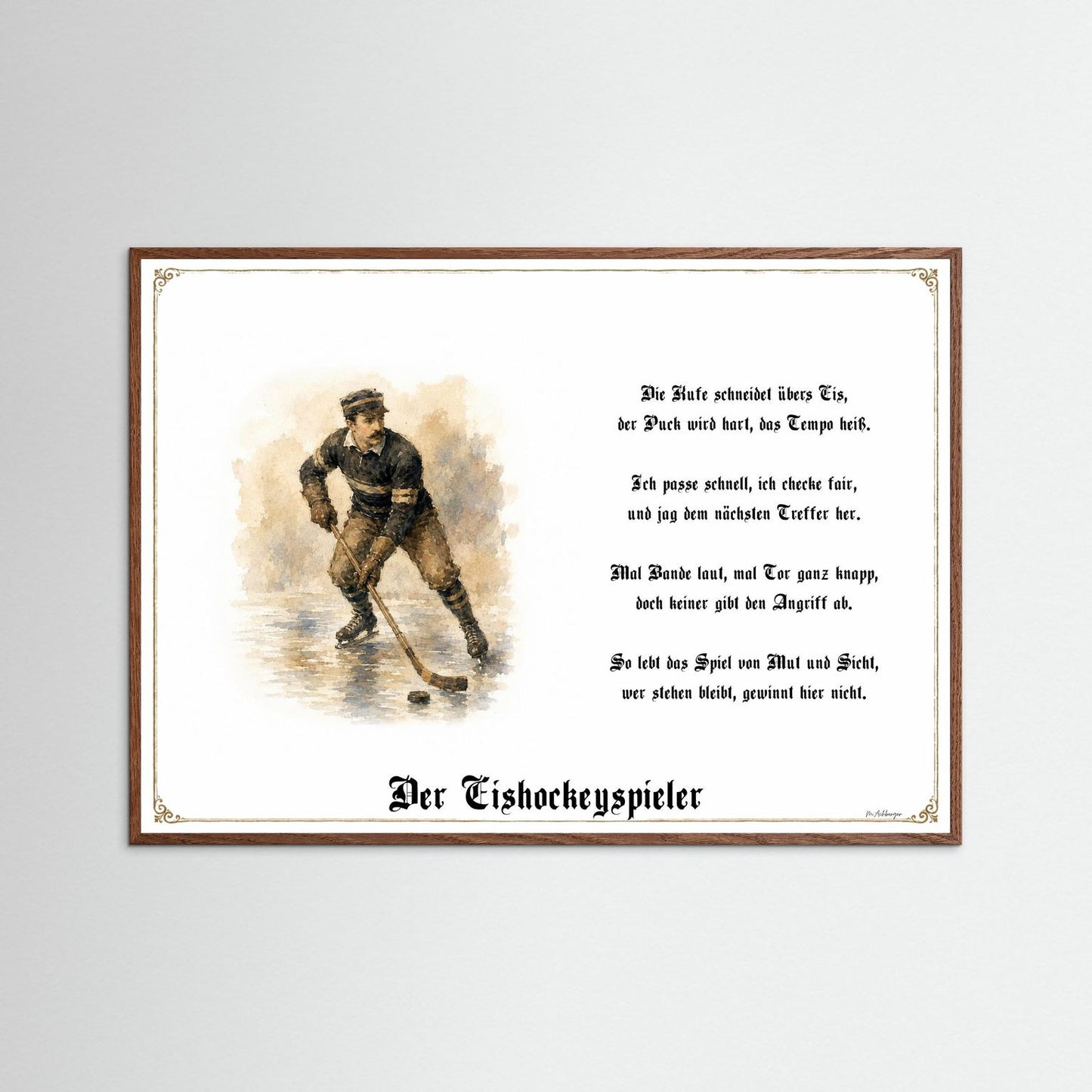 Sportbild Eishockeyspieler mit dunklem Eichenrahmen