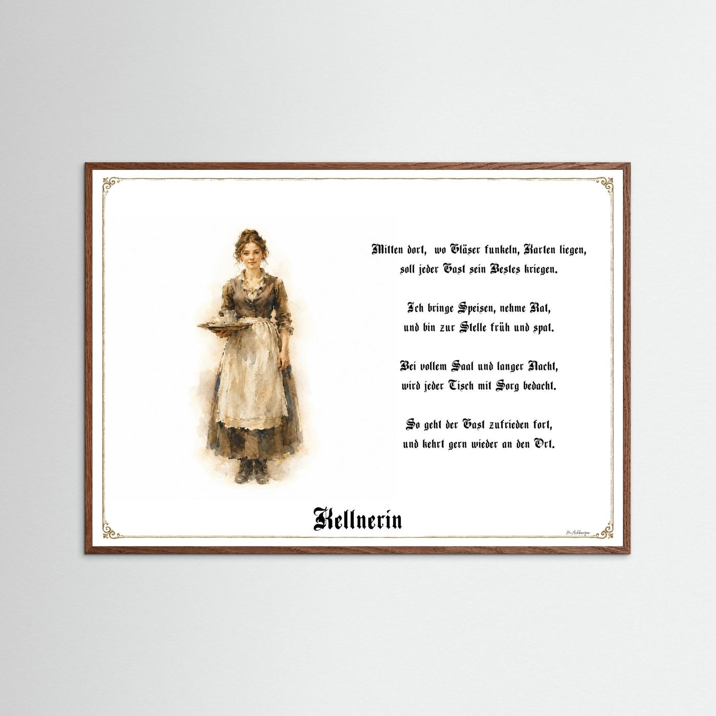 Zunftbild Kellnerin mit dunklem Eichenrahmen