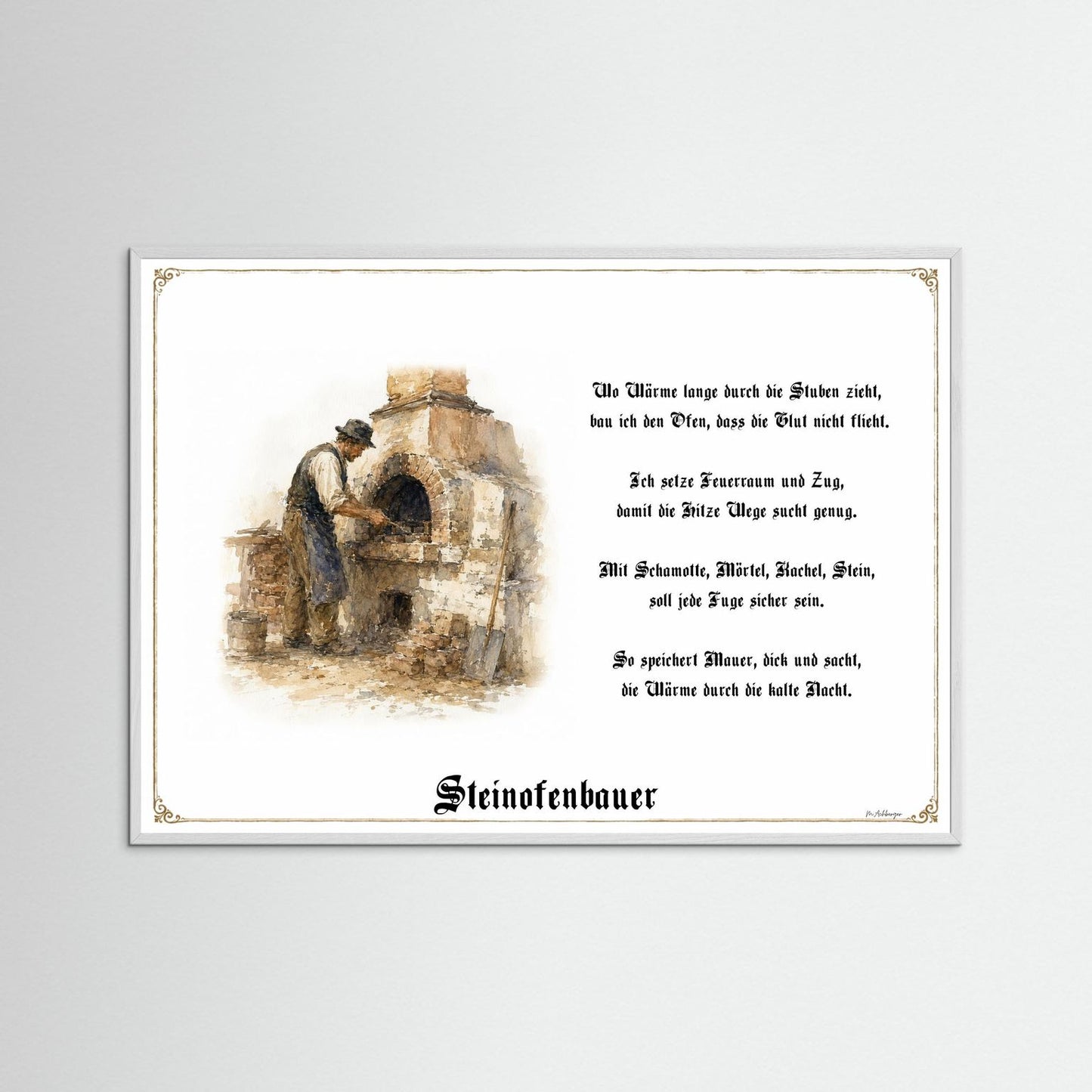 Zunftbild Steinofenbauer mit weißem Holzrahmen