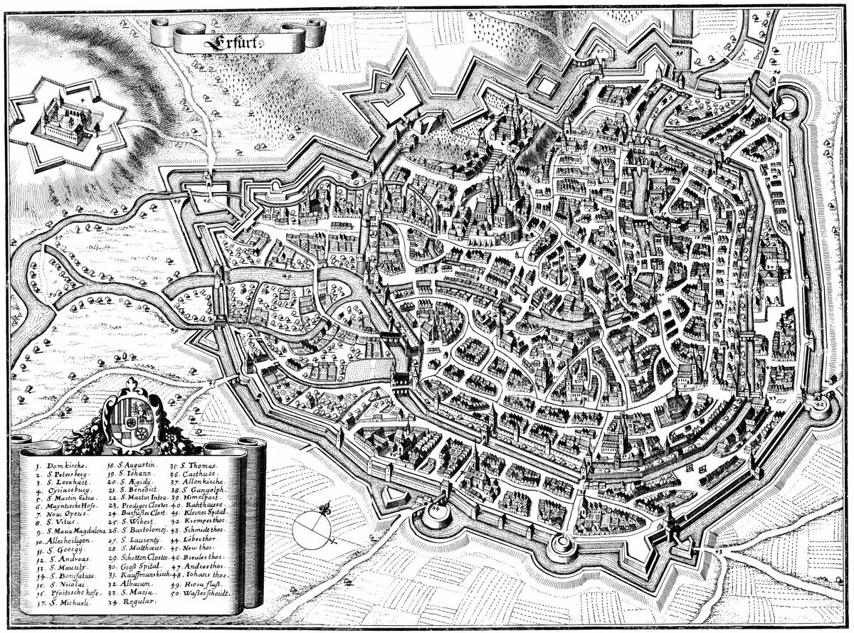 Historische Stadtansicht von Erfurt nach Matthäus Merian, 1650