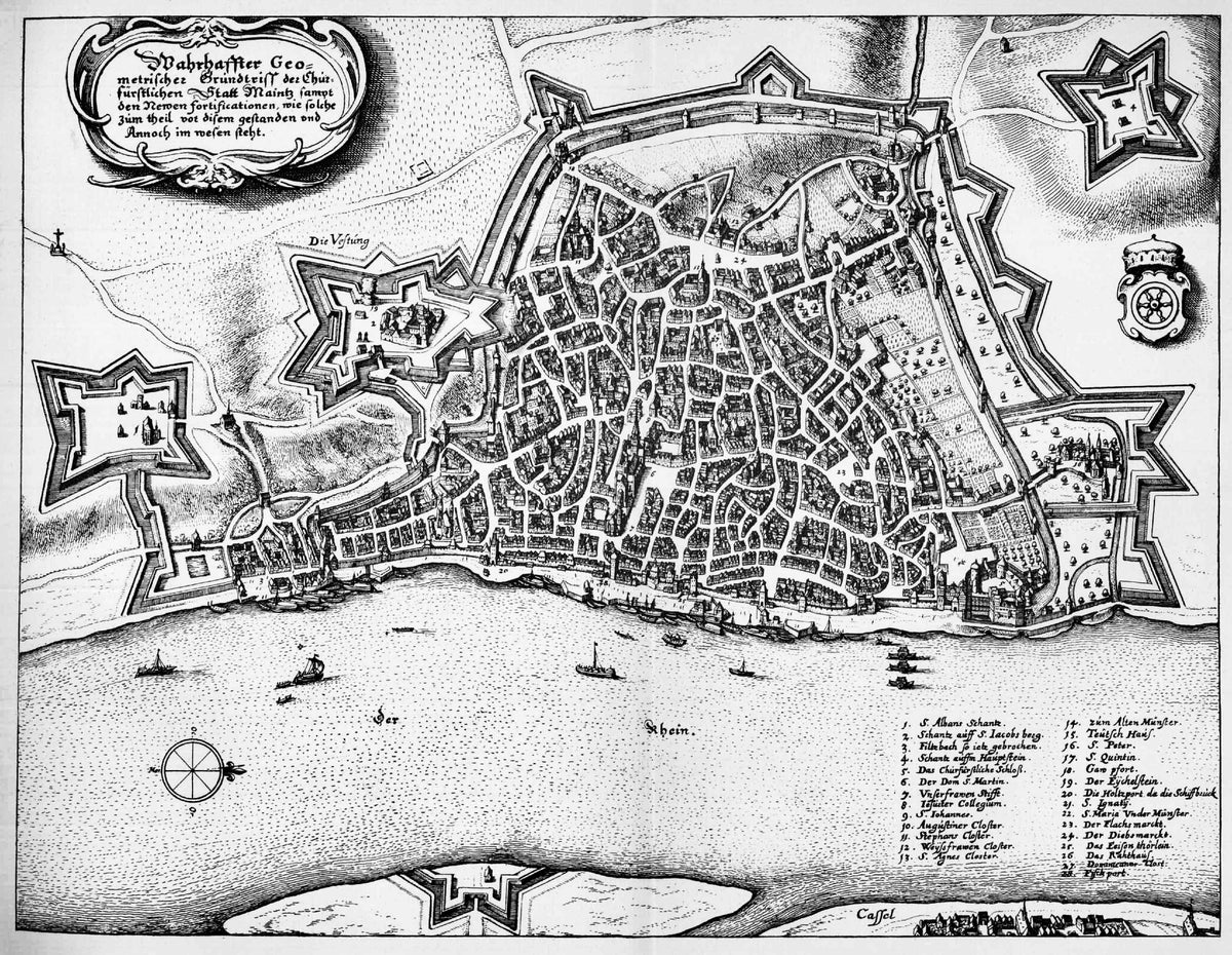 Historische Stadtansicht von Mainz aus der Topographia von Matthäus Merian, 1646