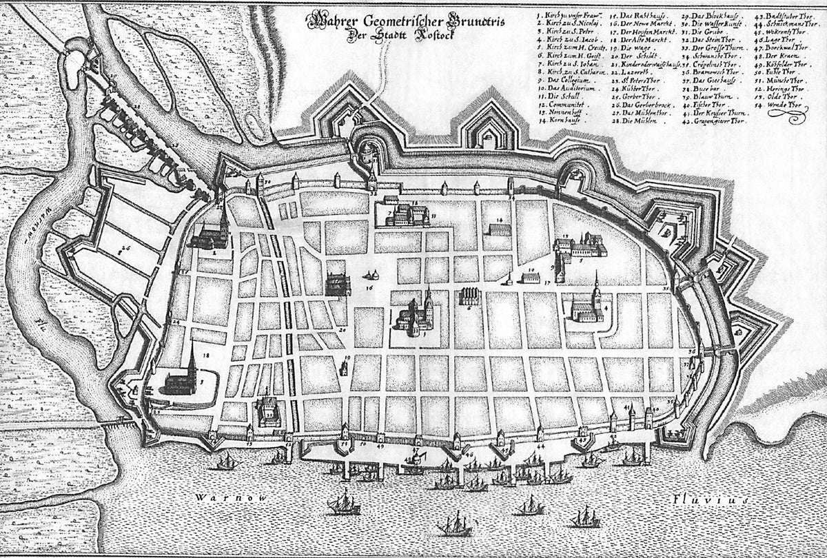 Historische Stadtansicht von Rostock nach Caspar Merian, 1653