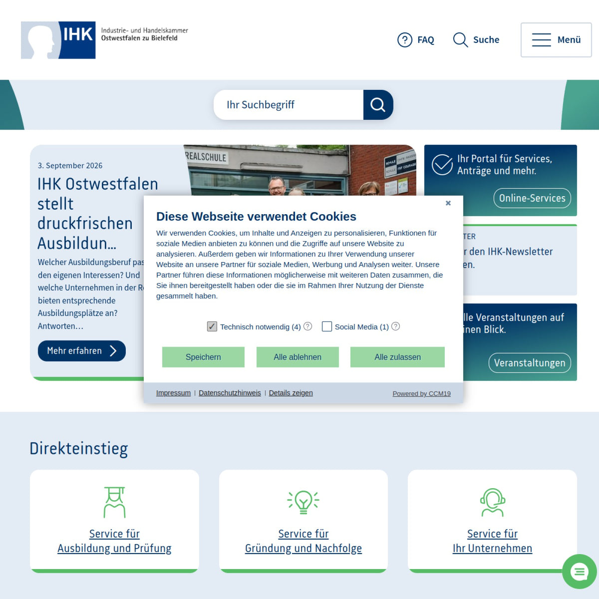 Screenshot der offiziellen Website von Industrie- und Handelskammer Ostwestfalen zu Bielefeld