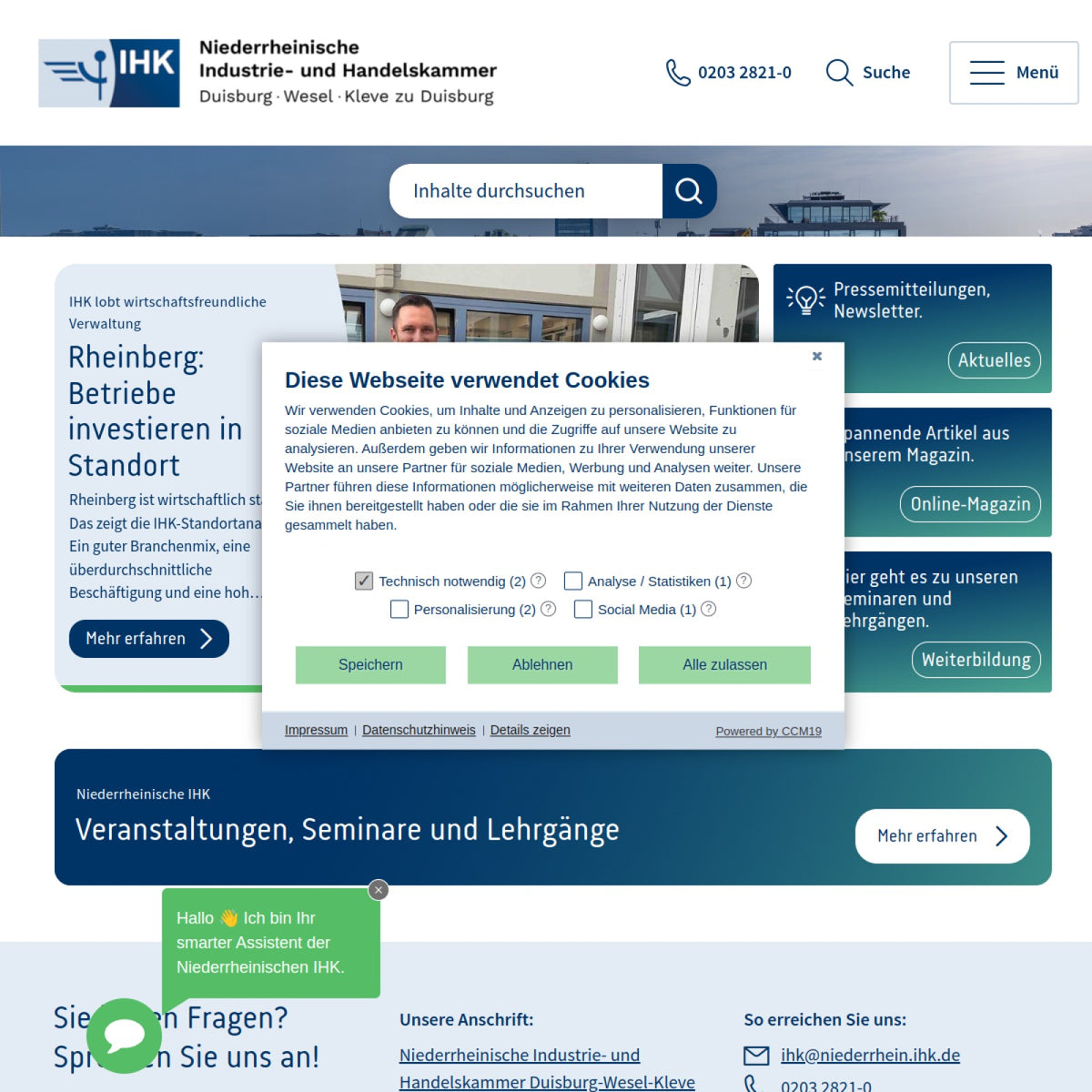 Screenshot der offiziellen Website von Niederrheinische Industrie- und Handelskammer Duisburg - Wesel - Kleve zu Duisburg