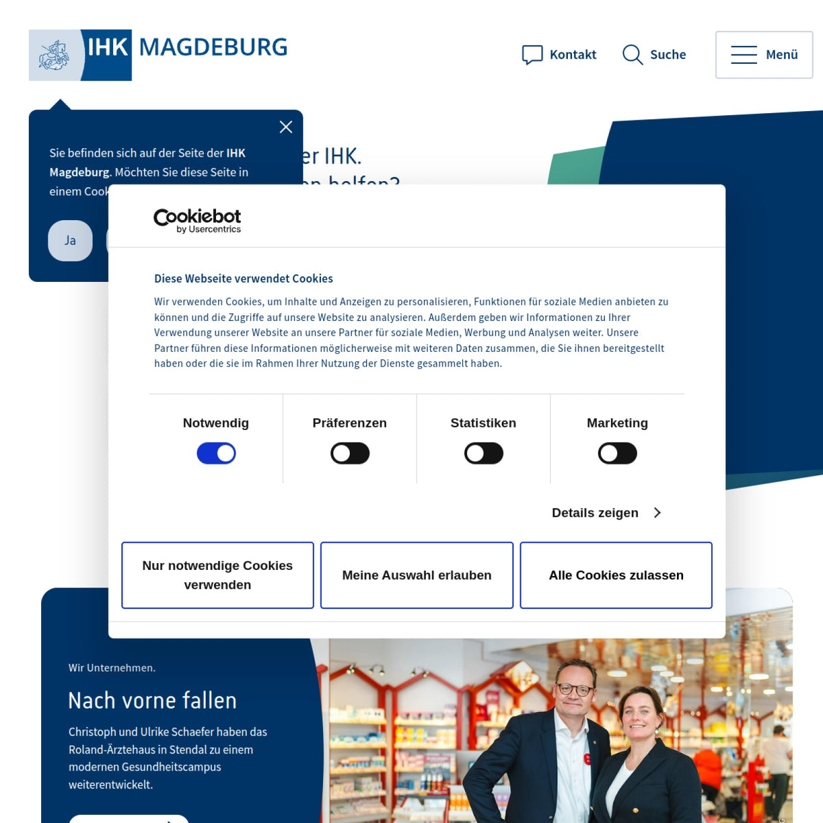 Screenshot der offiziellen Website von Industrie- und Handelskammer Magdeburg