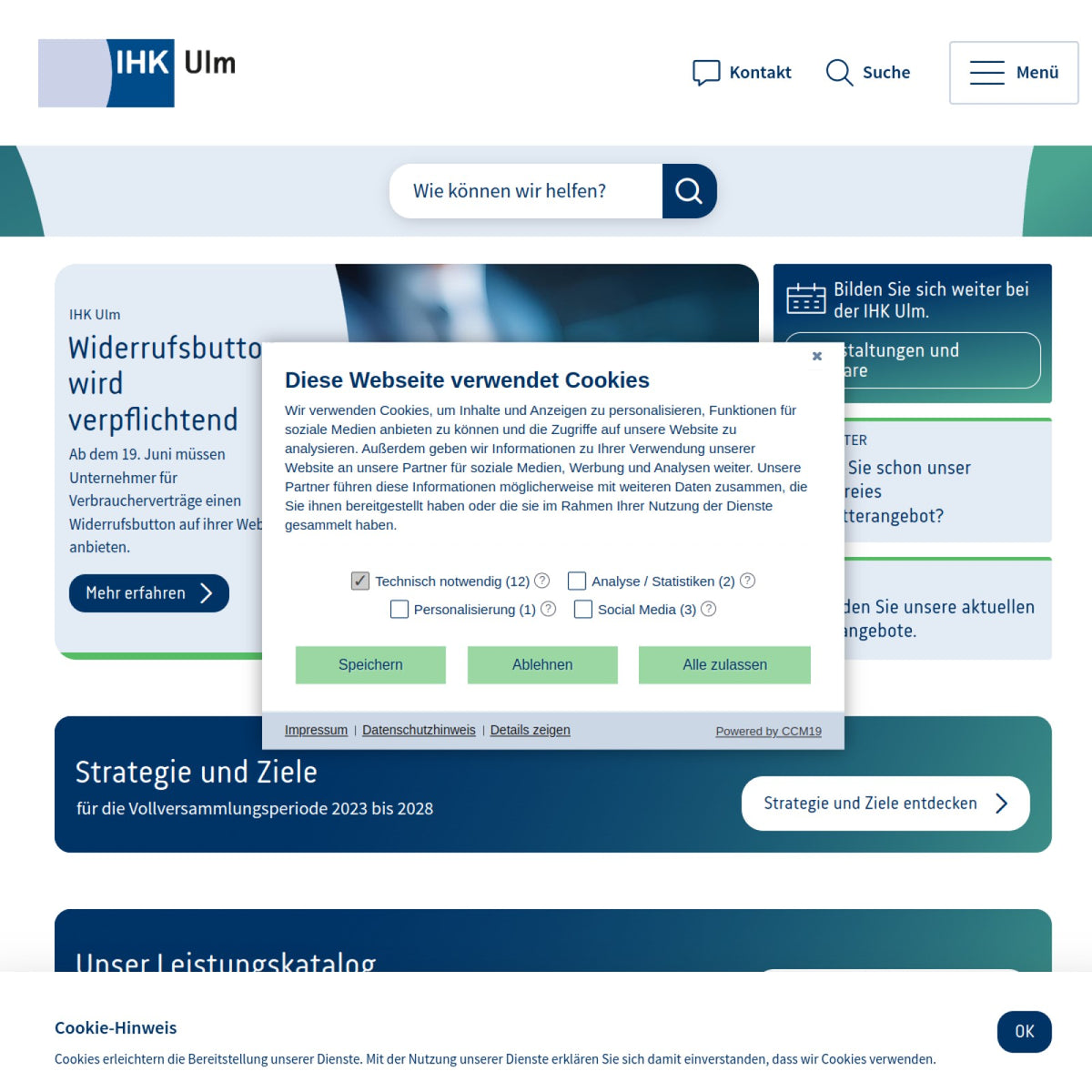 Screenshot der offiziellen Website von Industrie- und Handelskammer Ulm
