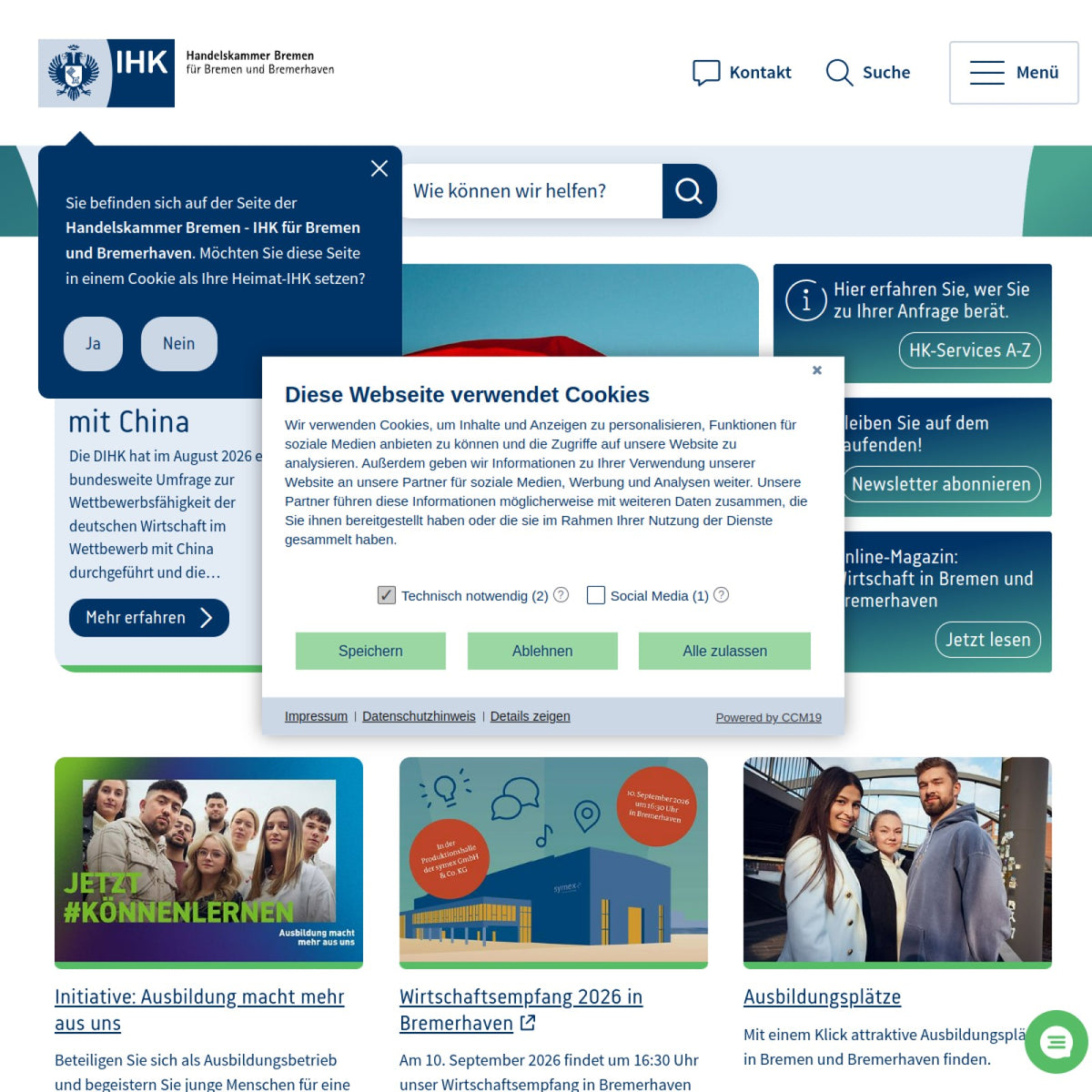 Screenshot der offiziellen Website von Handelskammer Bremen - IHK für Bremen und Bremerhaven