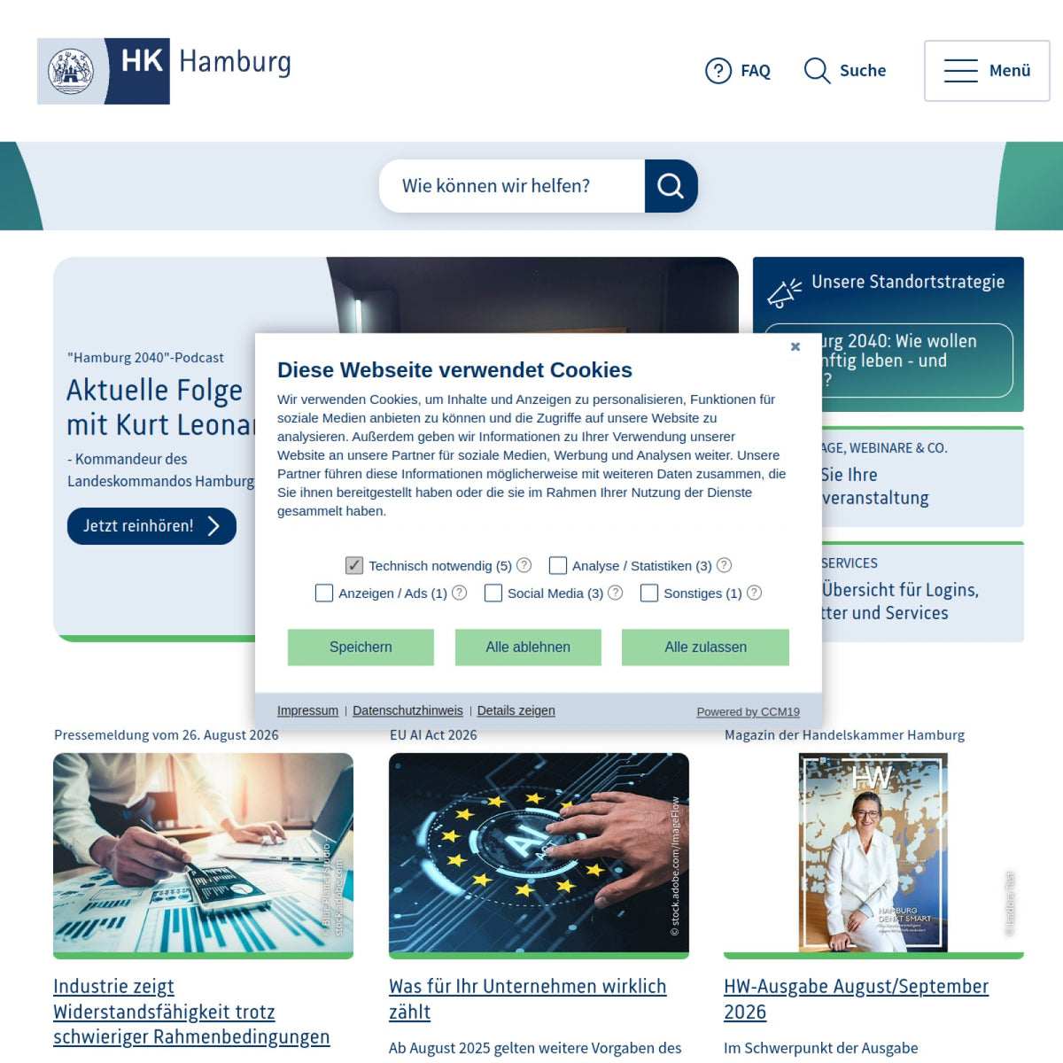Screenshot der offiziellen Website von Handelskammer Hamburg