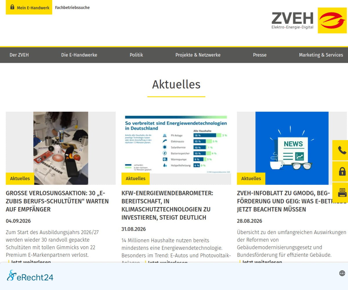 Screenshot der offiziellen Website von Zentralverband der Deutschen Elektro- und Informationstechnischen Handwerke (ZVEH)