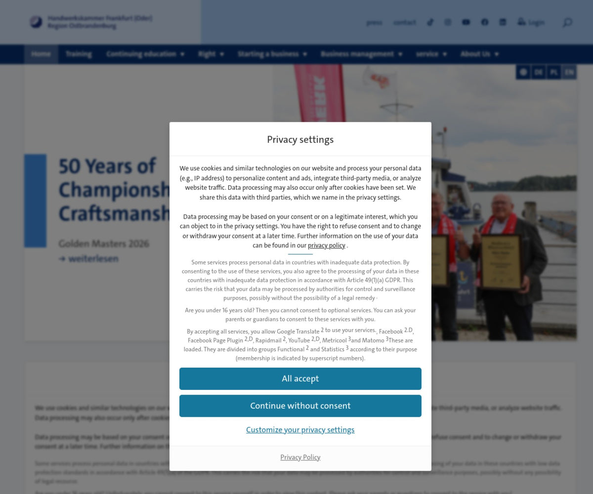 Screenshot der offiziellen Website von Handwerkskammer Frankfurt/Oder - Region Ostbrandenburg