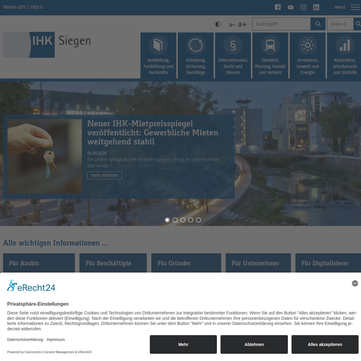 Screenshot der offiziellen Website von Industrie- und Handelskammer Siegen