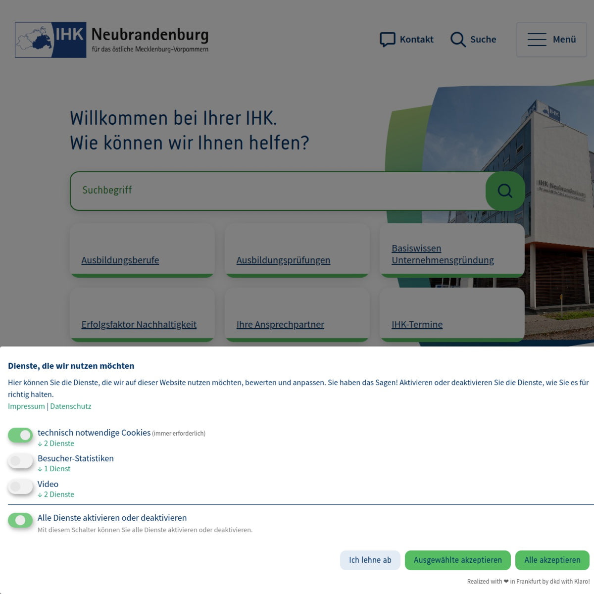 Screenshot der offiziellen Website von Industrie- und Handelskammer Neubrandenburg für das östliche Mecklenburg-Vorpommern