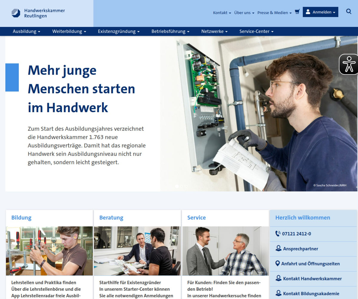 Screenshot der offiziellen Website von Handwerkskammer Reutlingen