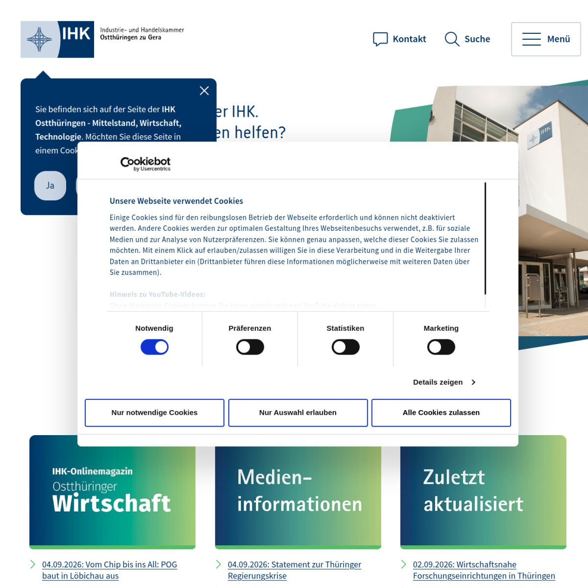Screenshot der offiziellen Website von Industrie- und Handelskammer Ostthüringen zu Gera