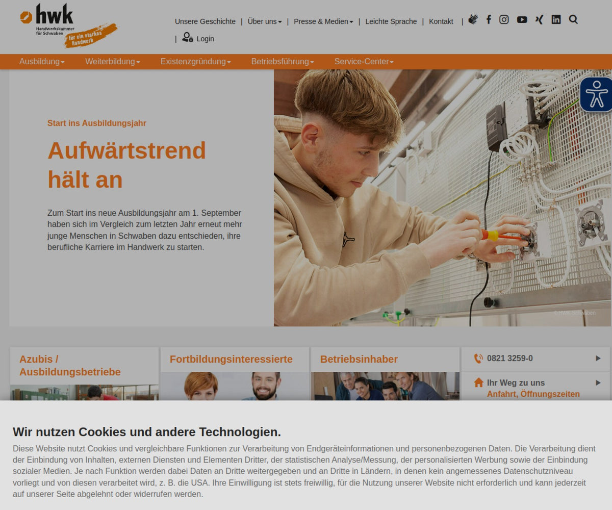 Screenshot der offiziellen Website von Handwerkskammer für Schwaben