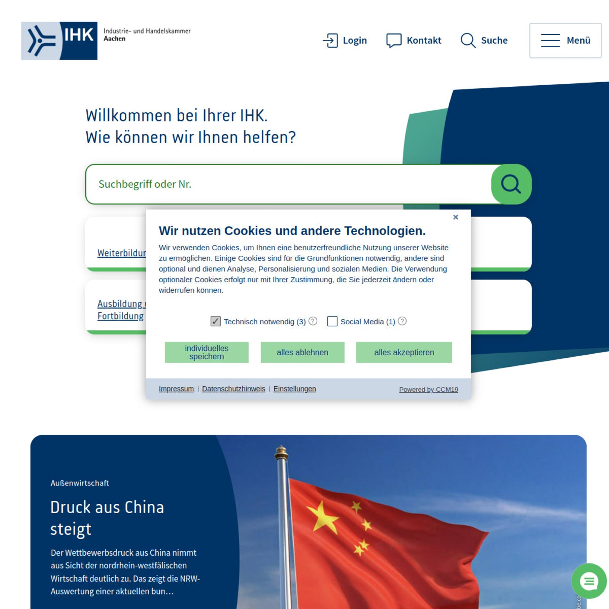 Screenshot der offiziellen Website von Industrie- und Handelskammer Aachen