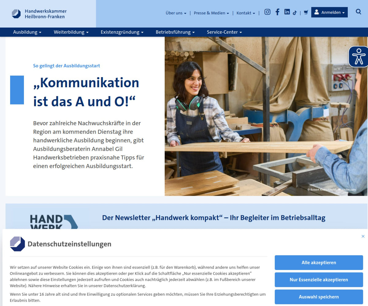 Screenshot der offiziellen Website von Handwerkskammer Heilbronn-Franken