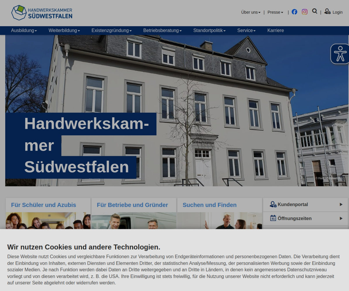 Screenshot der offiziellen Website von Handwerkskammer Südwestfalen