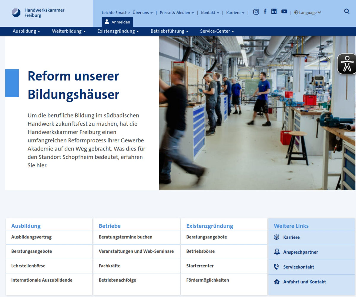 Screenshot der offiziellen Website von Handwerkskammer Freiburg