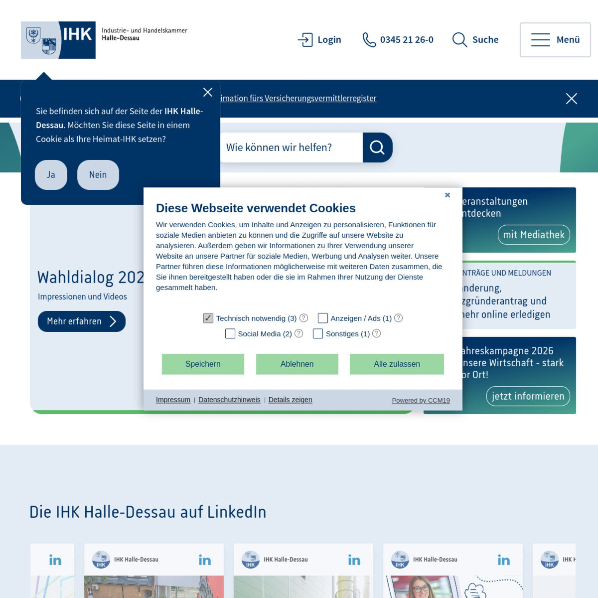 Screenshot der offiziellen Website von Industrie- und Handelskammer Halle-Dessau