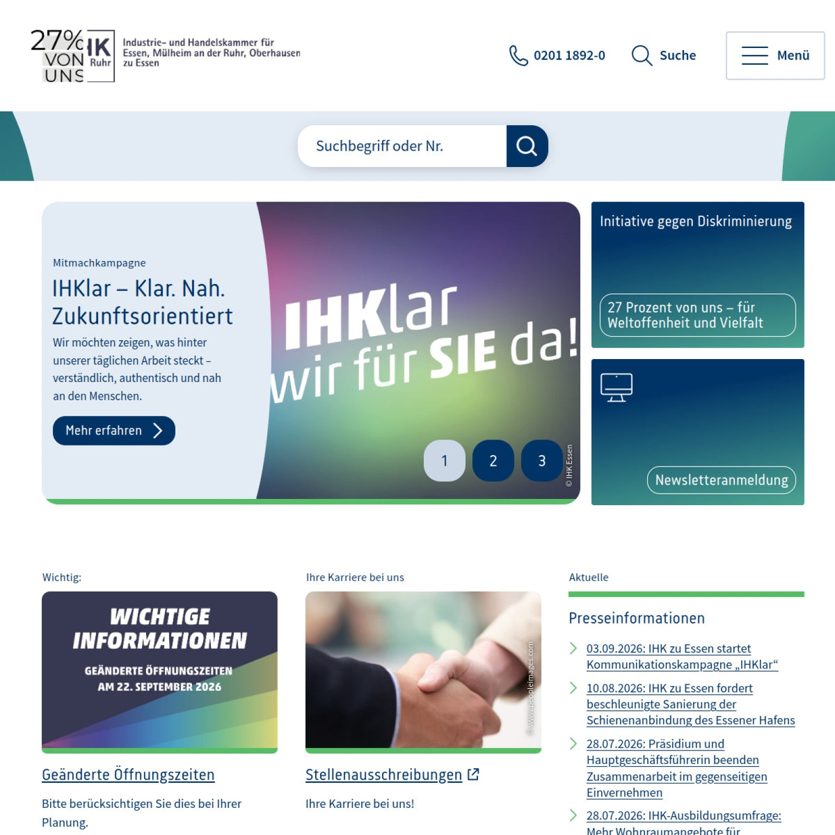 Screenshot der offiziellen Website von Industrie- und Handelskammer für Essen, Mülheim an der Ruhr, Oberhausen zu Essen